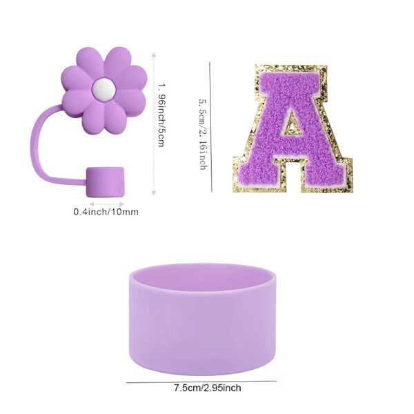 4pcs Purple Tumble Cup Accessories Set for 30oz 40oz Water Bottle Tumbler Cup Including Silicone Flower 10mm Straw Cover Cap, Initial Letter Sticker, Resin Letter Keychain Charm, Protective Boot for Cup Decoration