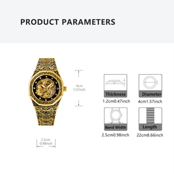 1pc Youth Men's Yellow Steel Strap Business Style Elegant Glow-in-the-Dark Carved Dragon Mechanical Watch