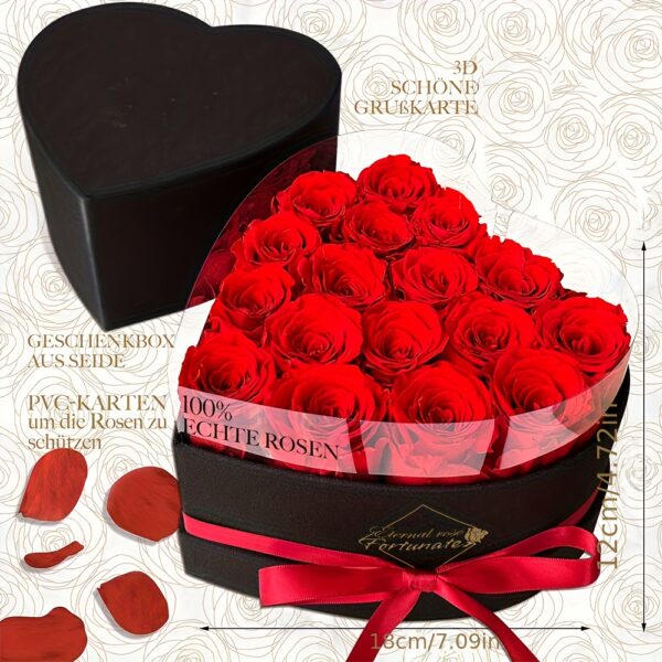 17 roses rouges artificielles préservées Infinity Roses dans une boîte en similicuir noir en forme de cœur avec ruban - Composition florale éternelle pour femme, décoration d'intérieur sans entretien, cadeaux de Saint-Valentin, d'anniversaire, de fête des mères et de Noël, accessoires de b