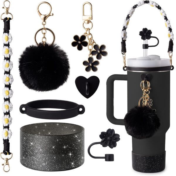 7pcs hot pink Cup accessory set, suitable for 30 ounce 40 ounce drum water bottle handle with boots, silicone straw cover, keychain charm gift