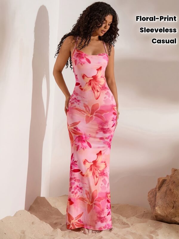 513ef0f2144aeb8b72596080b902c8b0.jpg Robe longue moulante à imprimé floral pour femme - Sans manches, dos nu, bretelles croisées, motif floral rose et blanc, idéale pour les vacances, les rendez-vous galants, les fêtes, la plage et les tenues décontractées. Robe de plage