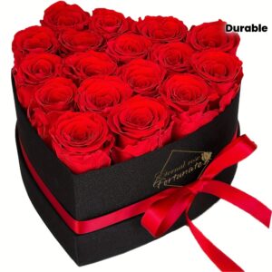 17 roses rouges artificielles préservées Infinity Roses dans une boîte en similicuir noir en forme de cœur avec ruban - Composition florale éternelle pour femme, décoration d'intérieur sans entretien, cadeaux de Saint-Valentin, d'anniversaire, de fête des mères et de Noël, accessoires de b
