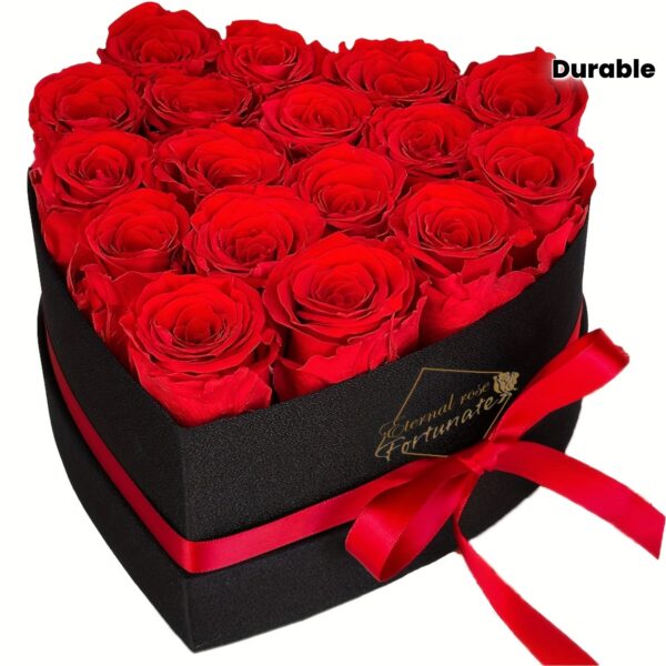 17 roses rouges artificielles préservées Infinity Roses dans une boîte en similicuir noir en forme de cœur avec ruban - Composition florale éternelle pour femme, décoration d'intérieur sans entretien, cadeaux de Saint-Valentin, d'anniversaire, de fête des mères et de Noël, accessoires de b