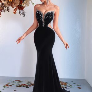 Robe de soirée moulante noire élégante à col en V et perles avec superposition en maille - Taille haute, dos nu, idéale pour les fêtes et événements formels, robe de soirée formelle, robe de soirée, silhouette élégante, design sophistiqué