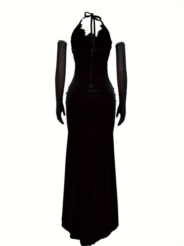 Robe dos nu à strass, robe moulante sexy à col licou et fente en maille contrastée, vêtements pour femmes