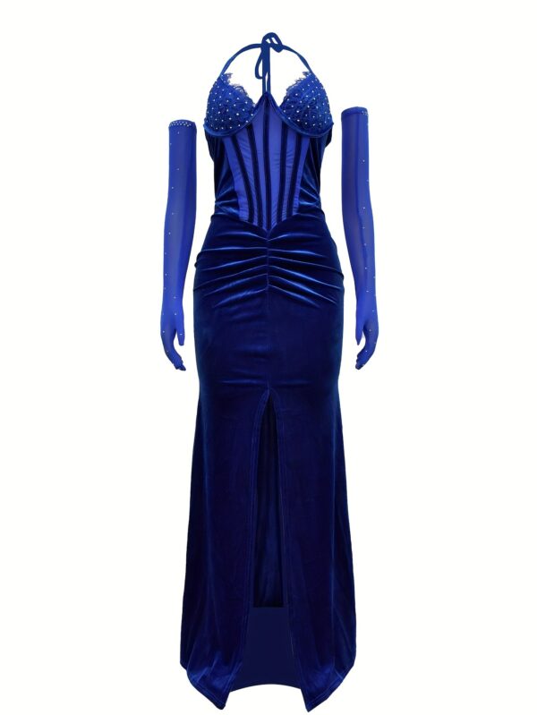 Robe dos nu à strass, robe moulante sexy à col licou et fente en maille contrastée, vêtements pour femmes