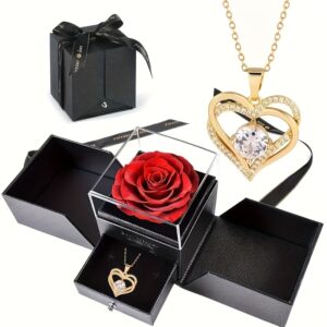 Rose rouge artificielle éternelle dans une boîte en verre – Cadeau idéal pour la Saint-Valentin, la fête des Mères ou Noël pour femme, épouse, petite amie ou grand-mère – Décoration d'intérieur élégante avec pendentif en forme de cœur