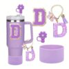 4pcs Purple Tumble Cup Accessories Set for 30oz 40oz Water Bottle Tumbler Cup Including Silicone Flower 10mm Straw Cover Cap, Initial Letter Sticker, Resin Letter Keychain Charm, Protective Boot for Cup Decoration