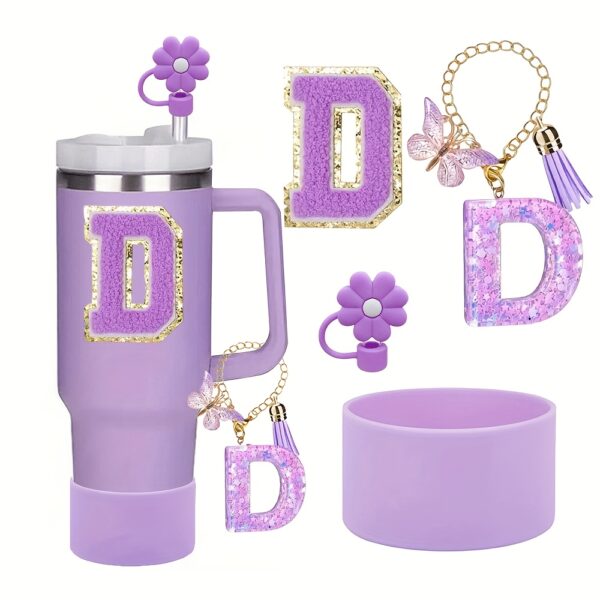 4pcs Purple Tumble Cup Accessories Set for 30oz 40oz Water Bottle Tumbler Cup Including Silicone Flower 10mm Straw Cover Cap, Initial Letter Sticker, Resin Letter Keychain Charm, Protective Boot for Cup Decoration