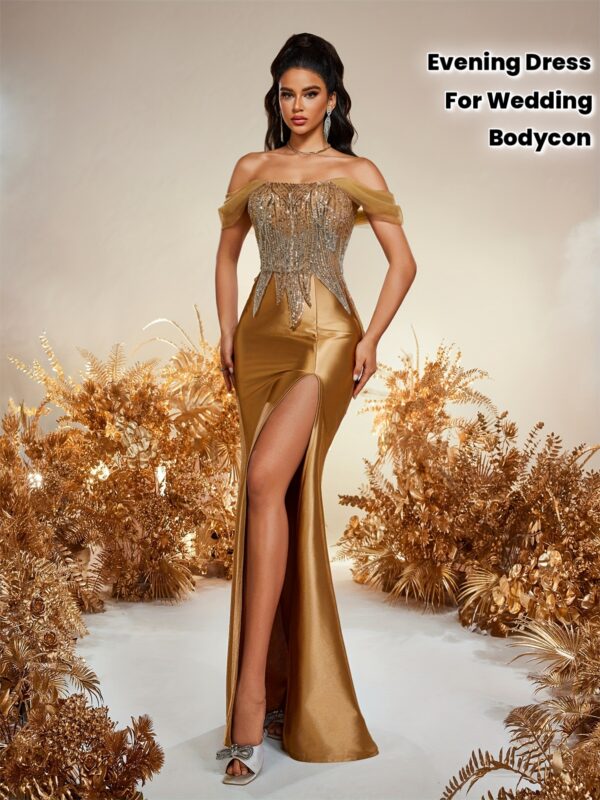 Robe moulante élégante à une épaule et sequins dorés, avec jupe perlée sur les hanches. Robe de soirée longue sans manches style sirène pour bal, mariage, demoiselle d'honneur, remise de diplôme et soirée. Ourlet sirène, détail noué au dos. Robe de soirée formelle.