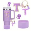 4pcs Purple Tumble Cup Accessories Set for 30oz 40oz Water Bottle Tumbler Cup Including Silicone Flower 10mm Straw Cover Cap, Initial Letter Sticker, Resin Letter Keychain Charm, Protective Boot for Cup Decoration