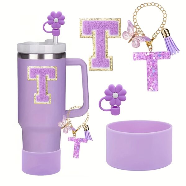 4pcs Purple Tumble Cup Accessories Set for 30oz 40oz Water Bottle Tumbler Cup Including Silicone Flower 10mm Straw Cover Cap, Initial Letter Sticker, Resin Letter Keychain Charm, Protective Boot for Cup Decoration