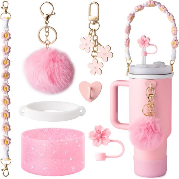 7pcs hot pink Cup accessory set, suitable for 30 ounce 40 ounce drum water bottle handle with boots, silicone straw cover, keychain charm gift