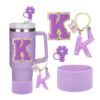 4pcs Purple Tumble Cup Accessories Set for 30oz 40oz Water Bottle Tumbler Cup Including Silicone Flower 10mm Straw Cover Cap, Initial Letter Sticker, Resin Letter Keychain Charm, Protective Boot for Cup Decoration