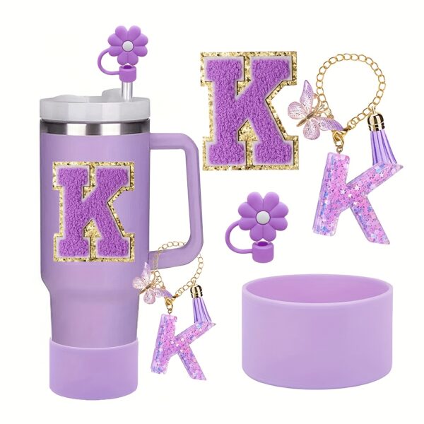 4pcs Purple Tumble Cup Accessories Set for 30oz 40oz Water Bottle Tumbler Cup Including Silicone Flower 10mm Straw Cover Cap, Initial Letter Sticker, Resin Letter Keychain Charm, Protective Boot for Cup Decoration