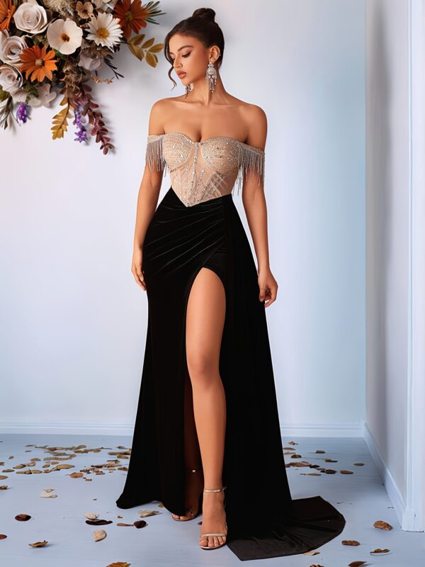 Robe de soirée élégante sans bretelles pour femme, ornée de strass et de perles, style sirène taille haute avec fente au dos, robe de bal de gala noire, lavable en machine, idéale pour toutes les saisons.