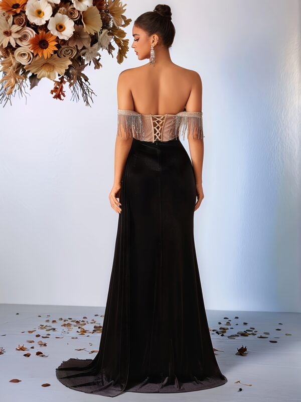Robe de soirée élégante sans bretelles pour femme, ornée de strass et de perles, style sirène taille haute avec fente au dos, robe de bal de gala noire, lavable en machine, idéale pour toutes les saisons.