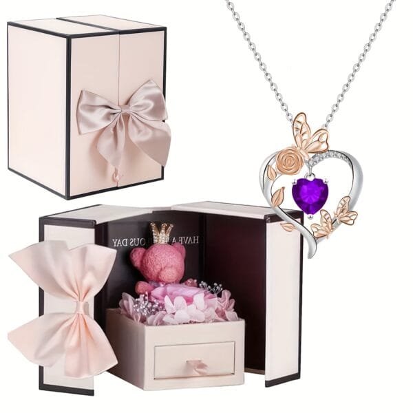 Coffret cadeau ours en peluche rose, collier papillon rose cœur battant, cadeaux de Noël - Thanksgiving, Saint-Valentin, fête des Mères, Noël, cadeaux pour les amis, les amoureux, les mères et les meilleures amies - à porter au quotidien, cadeaux quotidiens