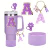 4pcs Purple Tumble Cup Accessories Set for 30oz 40oz Water Bottle Tumbler Cup Including Silicone Flower 10mm Straw Cover Cap, Initial Letter Sticker, Resin Letter Keychain Charm, Protective Boot for Cup Decoration