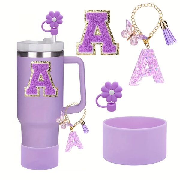 4pcs Purple Tumble Cup Accessories Set for 30oz 40oz Water Bottle Tumbler Cup Including Silicone Flower 10mm Straw Cover Cap, Initial Letter Sticker, Resin Letter Keychain Charm, Protective Boot for Cup Decoration