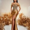 Robe moulante élégante à une épaule et sequins dorés, avec jupe perlée sur les hanches. Robe de soirée longue sans manches style sirène pour bal, mariage, demoiselle d'honneur, remise de diplôme et soirée. Ourlet sirène, détail noué au dos. Robe de soirée formelle.