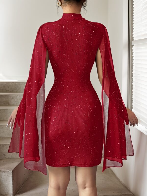 Robe rouge élégante à col montant et paillettes pour femme - Manches longues, superposition en maille transparente, ourlet fluide, parfaite pour le printemps et l'automne, tenue formelle décontractée et élégante