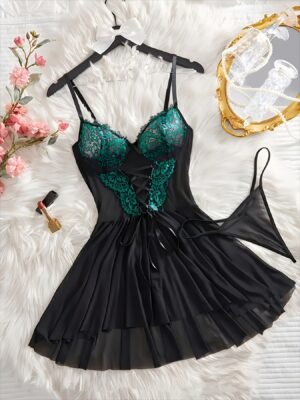 aa4a11e1-f678-459a-9412-2e615d8cc2f7.jpg Chemise de nuit sexy semi-transparente en dentelle bicolore contrastante, col en V, dos nu, ceinture réglable, robe à bretelles transparente, vêtement de détente à maintien moyen avec tissu doux et léger créant une atmosphère confortable et romantique