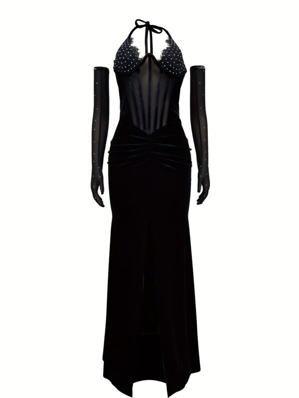 Robe dos nu à strass, robe moulante sexy à col licou et fente en maille contrastée, vêtements pour femmes