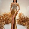 Robe moulante élégante à une épaule et sequins dorés, avec jupe perlée sur les hanches. Robe de soirée longue sans manches style sirène pour bal, mariage, demoiselle d'honneur, remise de diplôme et soirée. Ourlet sirène, détail noué au dos. Robe de soirée formelle.