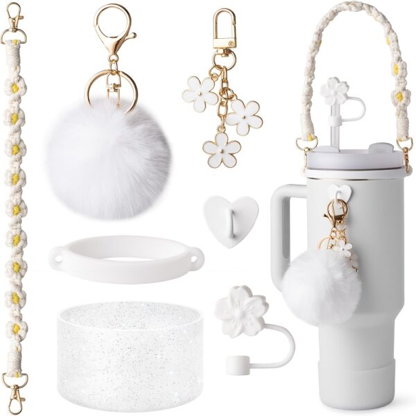 7pcs hot pink Cup accessory set, suitable for 30 ounce 40 ounce drum water bottle handle with boots, silicone straw cover, keychain charm gift