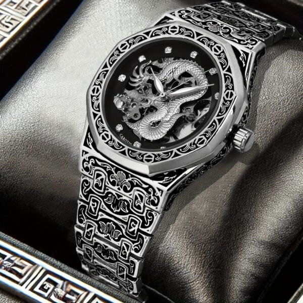 1pc Youth Men's Yellow Steel Strap Business Style Elegant Glow-in-the-Dark Carved Dragon Mechanical Watch