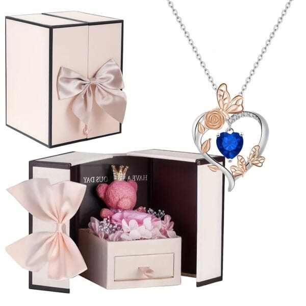 Coffret cadeau ours en peluche rose, collier papillon rose cœur battant, cadeaux de Noël - Thanksgiving, Saint-Valentin, fête des Mères, Noël, cadeaux pour les amis, les amoureux, les mères et les meilleures amies - à porter au quotidien, cadeaux quotidiens