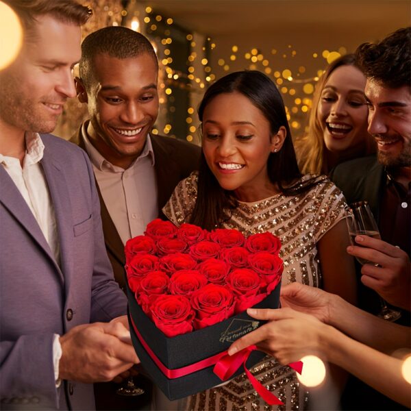 17 roses rouges artificielles préservées Infinity Roses dans une boîte en similicuir noir en forme de cœur avec ruban - Composition florale éternelle pour femme, décoration d'intérieur sans entretien, cadeaux de Saint-Valentin, d'anniversaire, de fête des mères et de Noël, accessoires de b