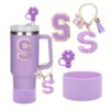 4pcs Purple Tumble Cup Accessories Set for 30oz 40oz Water Bottle Tumbler Cup Including Silicone Flower 10mm Straw Cover Cap, Initial Letter Sticker, Resin Letter Keychain Charm, Protective Boot for Cup Decoration