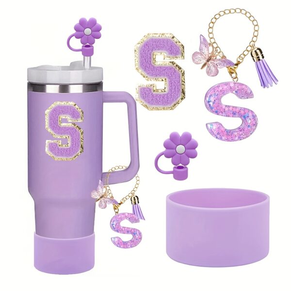 4pcs Purple Tumble Cup Accessories Set for 30oz 40oz Water Bottle Tumbler Cup Including Silicone Flower 10mm Straw Cover Cap, Initial Letter Sticker, Resin Letter Keychain Charm, Protective Boot for Cup Decoration