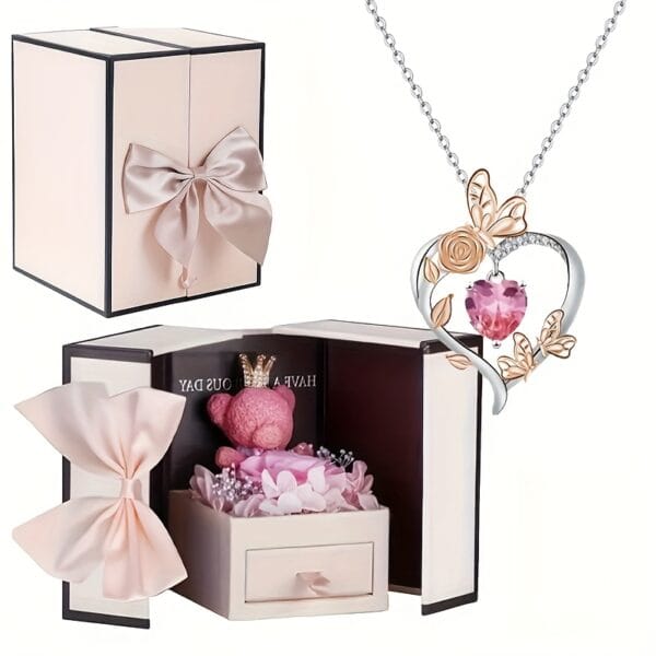 Coffret cadeau ours en peluche rose, collier papillon rose cœur battant, cadeaux de Noël - Thanksgiving, Saint-Valentin, fête des Mères, Noël, cadeaux pour les amis, les amoureux, les mères et les meilleures amies - à porter au quotidien, cadeaux quotidiens