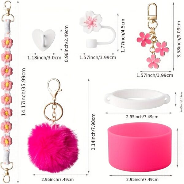 7pcs hot pink Cup accessory set, suitable for 30 ounce 40 ounce drum water bottle handle with boots, silicone straw cover, keychain charm gift