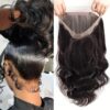 Fermeture frontale 360° Body Wave HD en dentelle avec frange - 100 % cheveux humains vierges Remy, densité 150 %, 40,64 cm, aspect naturel pour femme, postiche polyvalente, élégante et de haute qualité