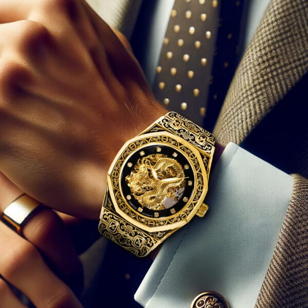 1pc Youth Men's Yellow Steel Strap Business Style Elegant Glow-in-the-Dark Carved Dragon Mechanical Watch