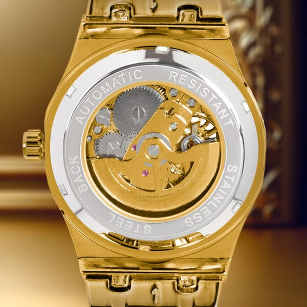 1pc Youth Men's Yellow Steel Strap Business Style Elegant Glow-in-the-Dark Carved Dragon Mechanical Watch