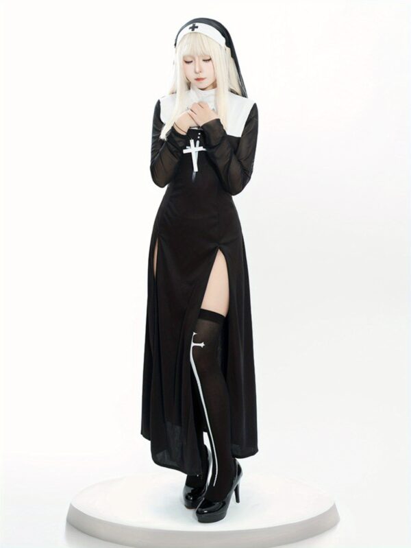 Costume de nonne sexy pour adultes - Robe élégante à col montant avec pendentif croix, contraste noir et blanc, manches longues et fente jusqu'aux cuisses - Parfait pour Halloween, les bals masqués et les jeux de rôle, Costume d'Halloween | Design de couleur contrastée | Non