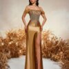 Robe moulante élégante à une épaule et sequins dorés, avec jupe perlée sur les hanches. Robe de soirée longue sans manches style sirène pour bal, mariage, demoiselle d'honneur, remise de diplôme et soirée. Ourlet sirène, détail noué au dos. Robe de soirée formelle.