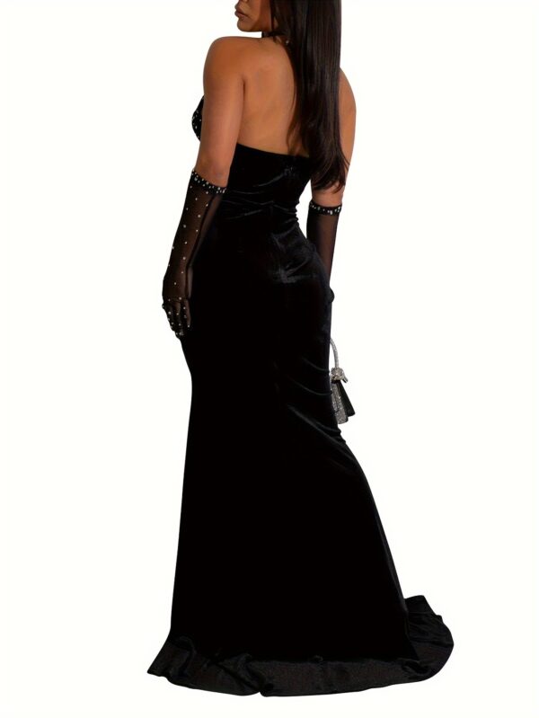 Robe dos nu à strass, robe moulante sexy à col licou et fente en maille contrastée, vêtements pour femmes