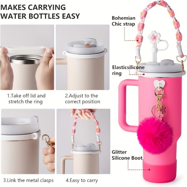 7pcs hot pink Cup accessory set, suitable for 30 ounce 40 ounce drum water bottle handle with boots, silicone straw cover, keychain charm gift