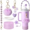 7pcs hot pink Cup accessory set, suitable for 30 ounce 40 ounce drum water bottle handle with boots, silicone straw cover, keychain charm gift
