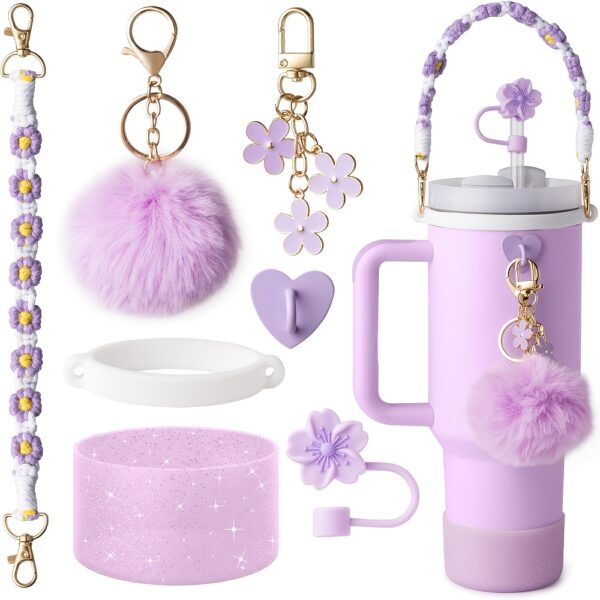 7pcs hot pink Cup accessory set, suitable for 30 ounce 40 ounce drum water bottle handle with boots, silicone straw cover, keychain charm gift