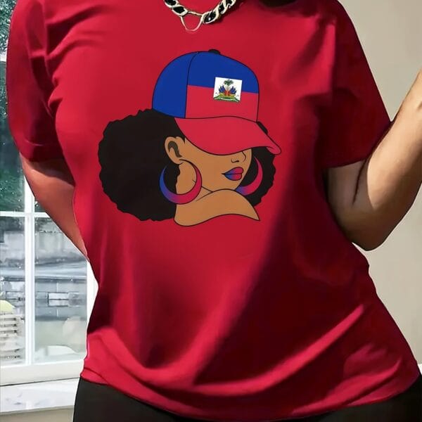 T-Shirt Femme – Fierté Haïtienne, Design Patriotique avec Drapeau & Silhouette Féminine
