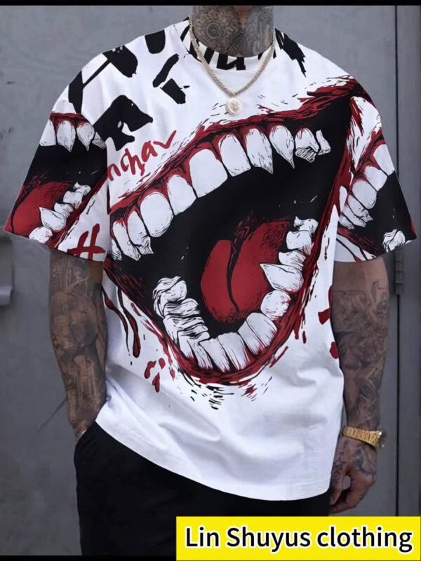 Men'S Novelty Print Casual Short Sleeve T-Shirt, Polyester Crew Neck Tee with Slight Stretch, Knit Fabric Patterned Design for Summer