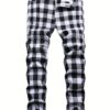 product-Fancyalgo-VirtualModelMatting-00aaf1ce10395077d72f87b1c927857c Men's Plaid Pattern Slim Fit And Cuffed Denim Jeans With Multiple Pockets, Classic And Chic Pants For All Seasons Leisurewear