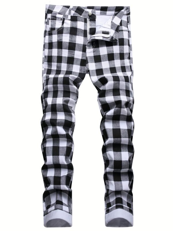 product-Fancyalgo-VirtualModelMatting-00aaf1ce10395077d72f87b1c927857c Men's Plaid Pattern Slim Fit And Cuffed Denim Jeans With Multiple Pockets, Classic And Chic Pants For All Seasons Leisurewear